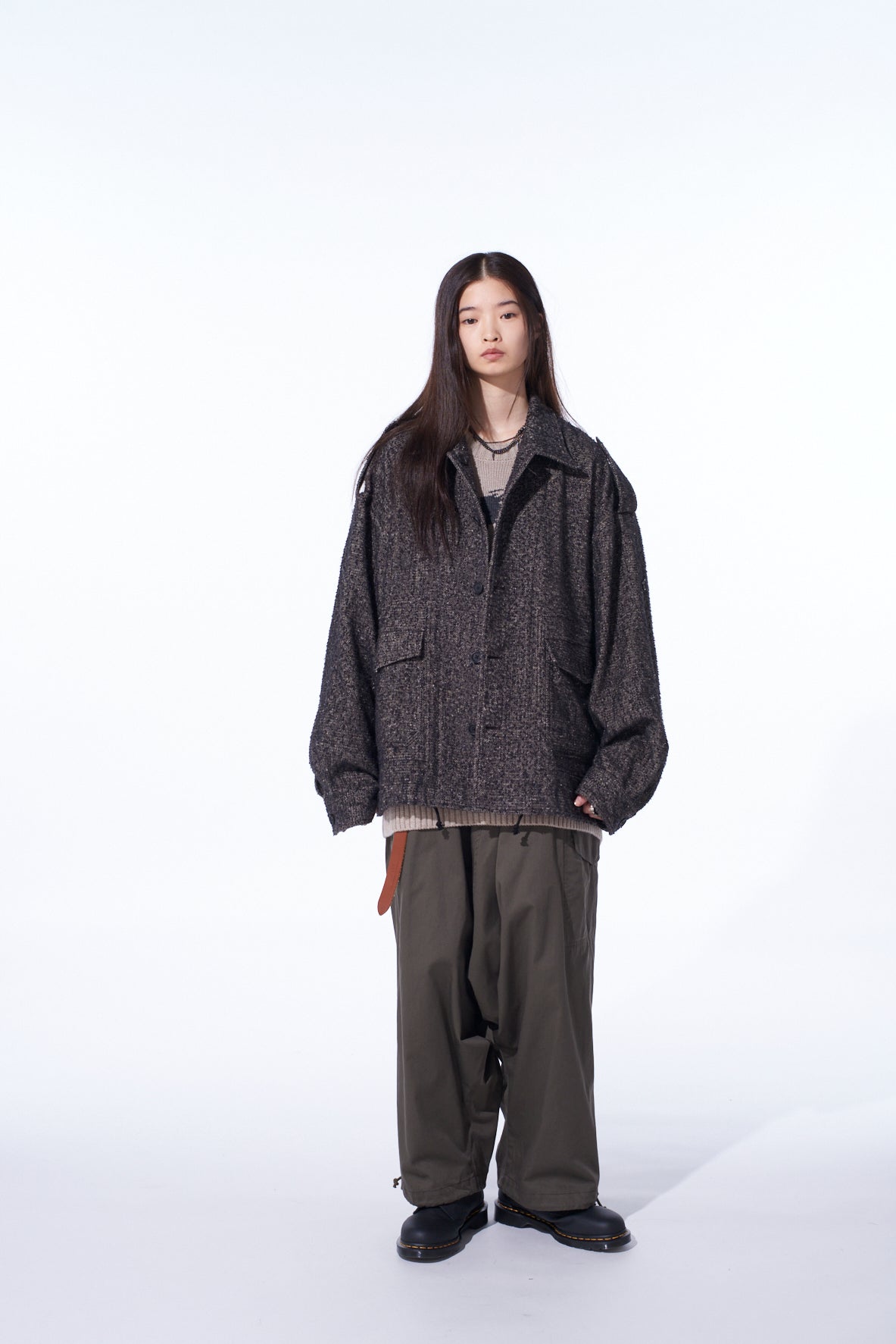 BRUSHED TWILL NEEDLE PUNCH EPAULETTE OVERSIZED BLOUSON