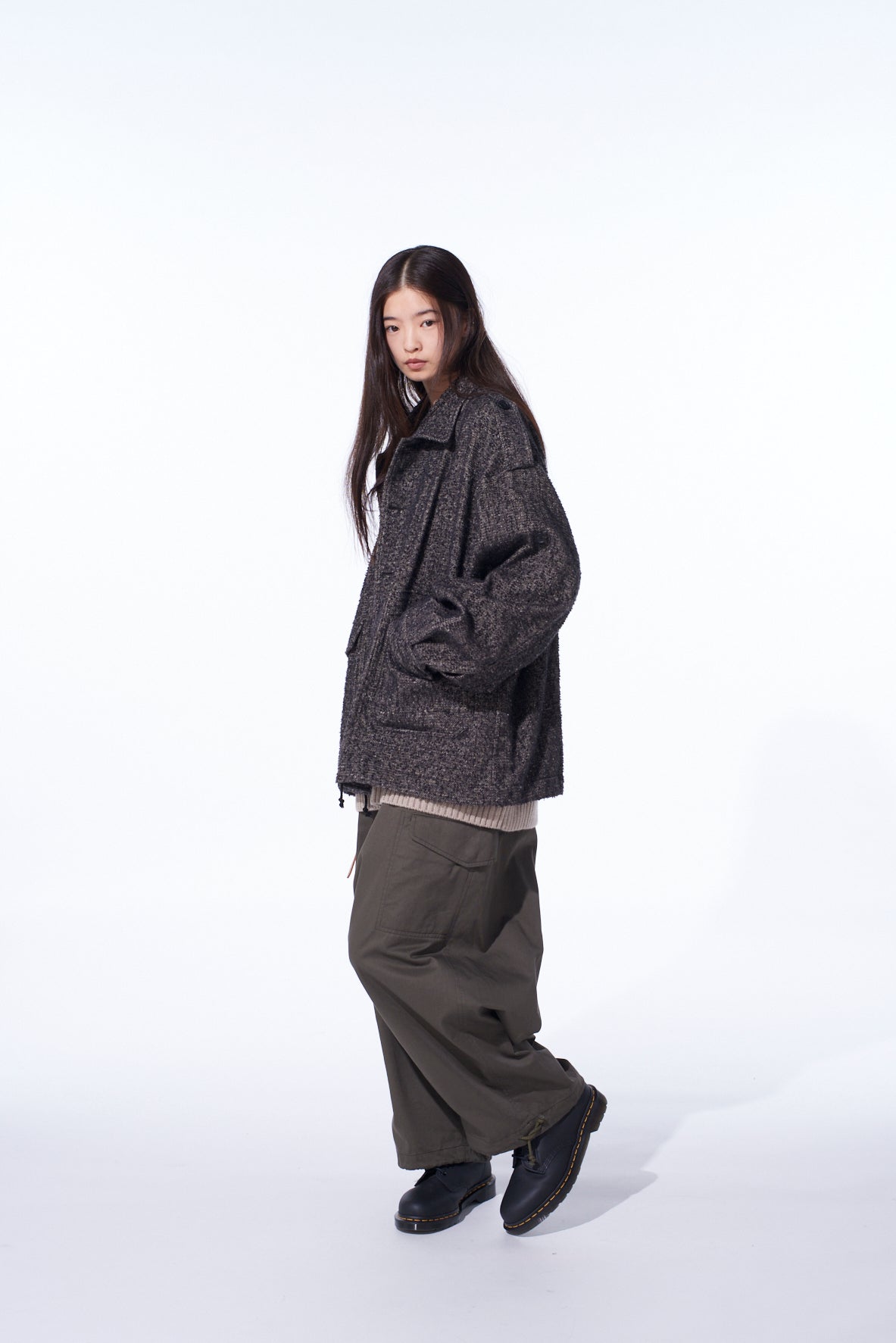 BRUSHED TWILL NEEDLE PUNCH EPAULETTE OVERSIZED BLOUSON