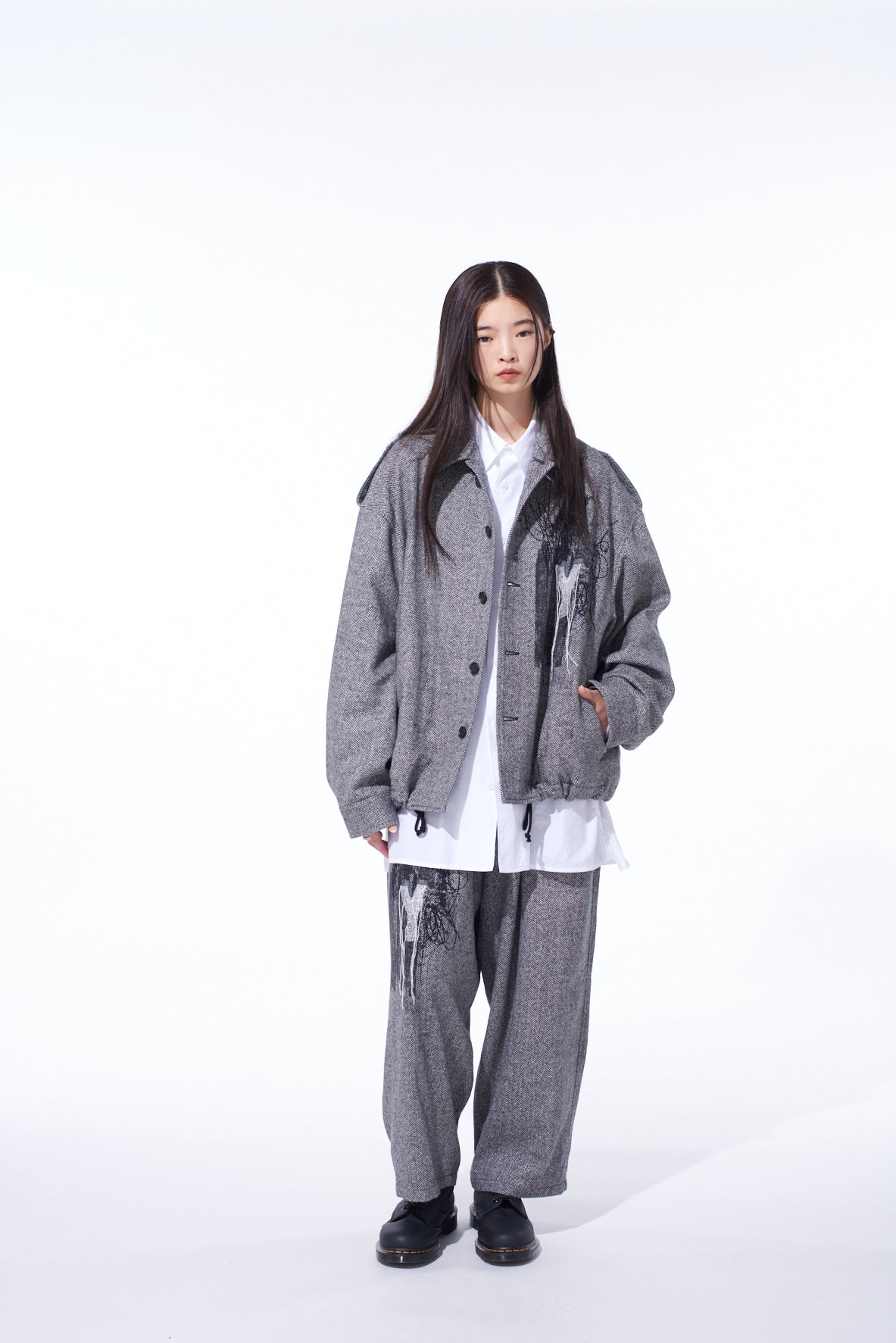 yotomo  グレー ジャケット (10-12) HERRINGBONE TWEED EPAULETTE OVERSIZED BLOUSON – THE SHOP YOHJI