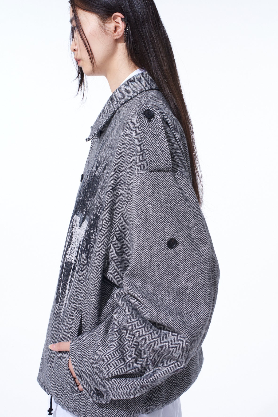 HERRINGBONE TWEED EPAULETTE OVERSIZED BLOUSON