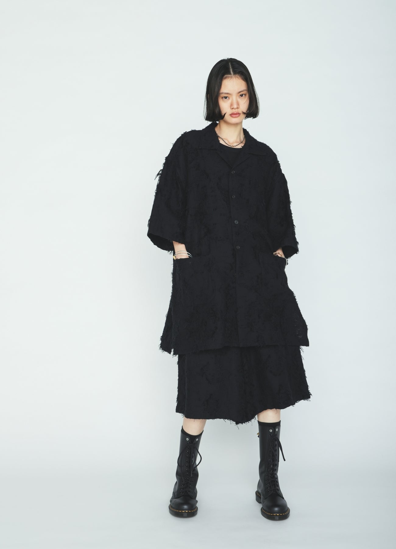 COTTON BOTANICAL SHEER JACQUARD OPEN COLLAR SHORT-SLEEVE SHIRT