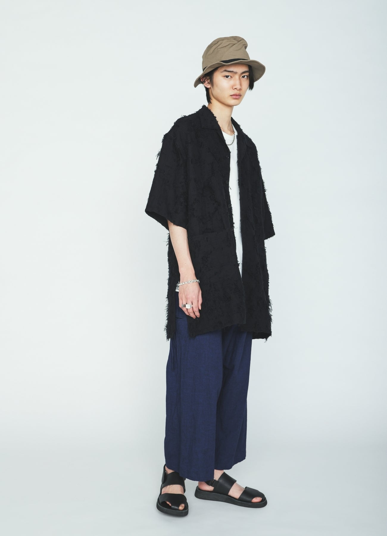 COTTON BOTANICAL SHEER JACQUARD OPEN COLLAR SHORT-SLEEVE SHIRT