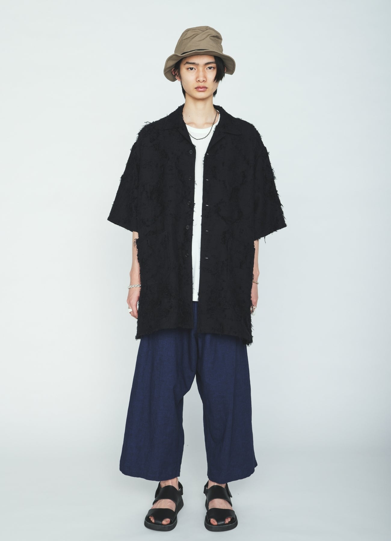 COTTON BOTANICAL SHEER JACQUARD OPEN COLLAR SHORT-SLEEVE SHIRT