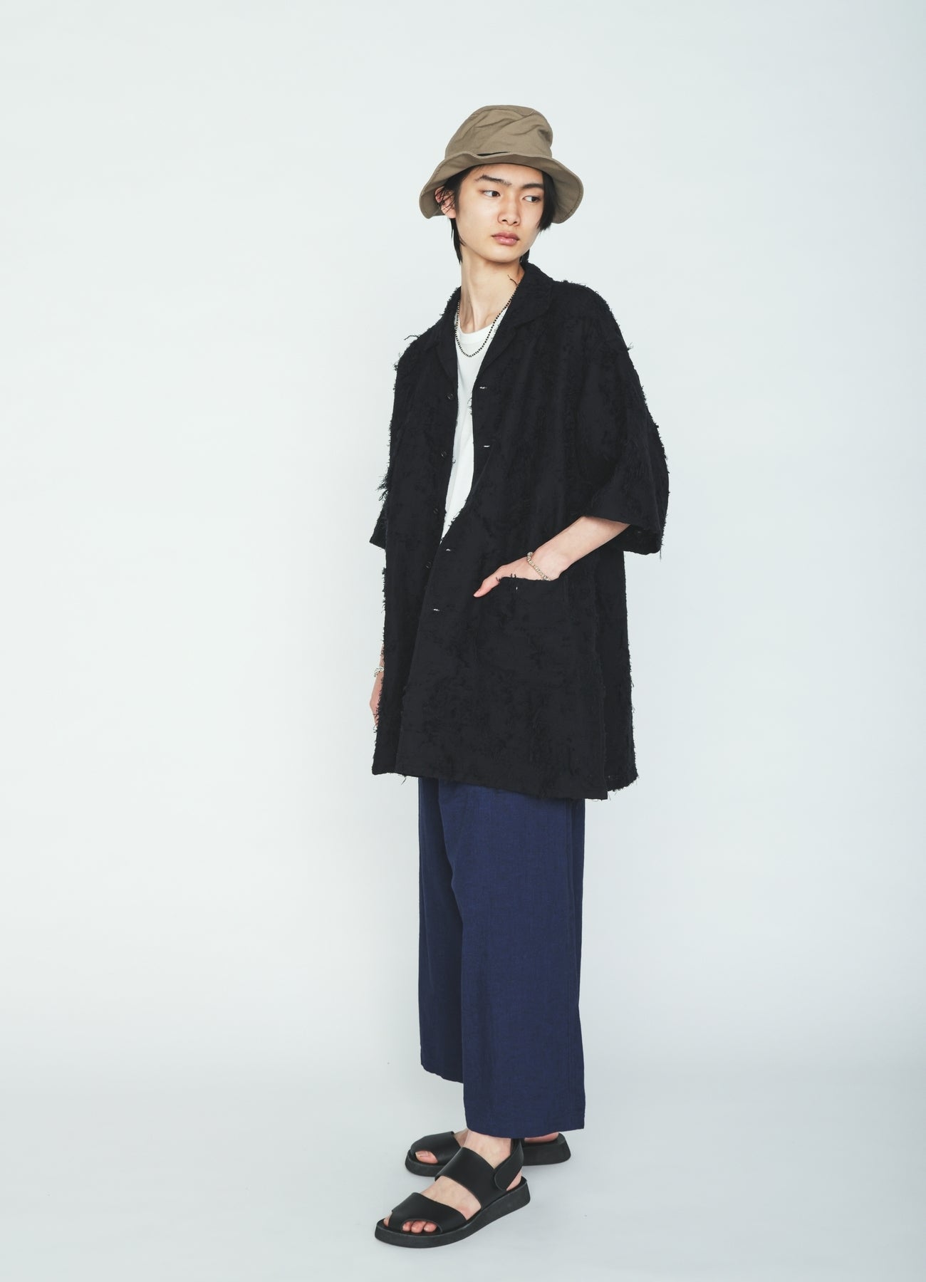 COTTON BOTANICAL SHEER JACQUARD OPEN COLLAR SHORT-SLEEVE SHIRT