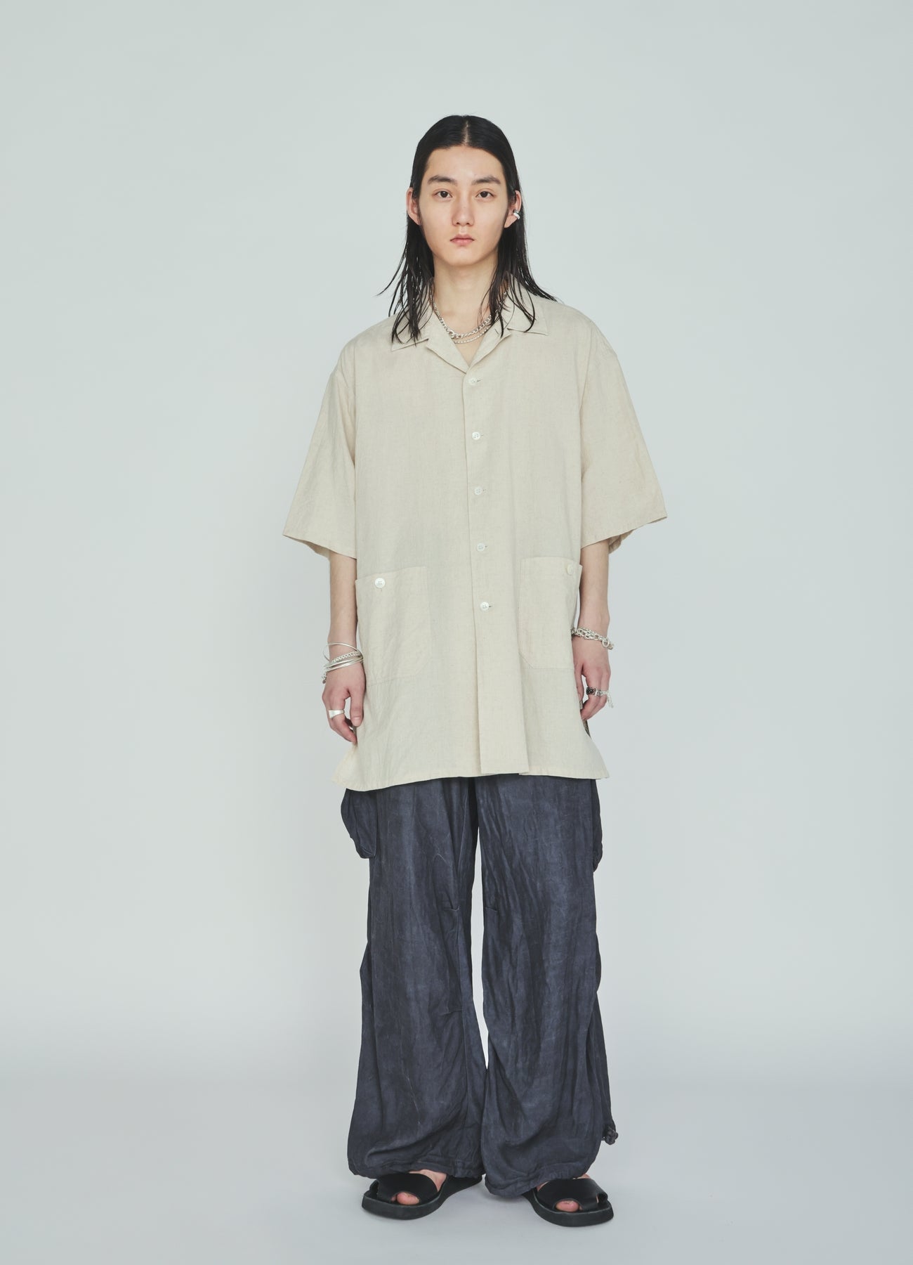 Cotton-Linen Poplin OPEN COLLAR SHORT-SLEEVE SHIRT
