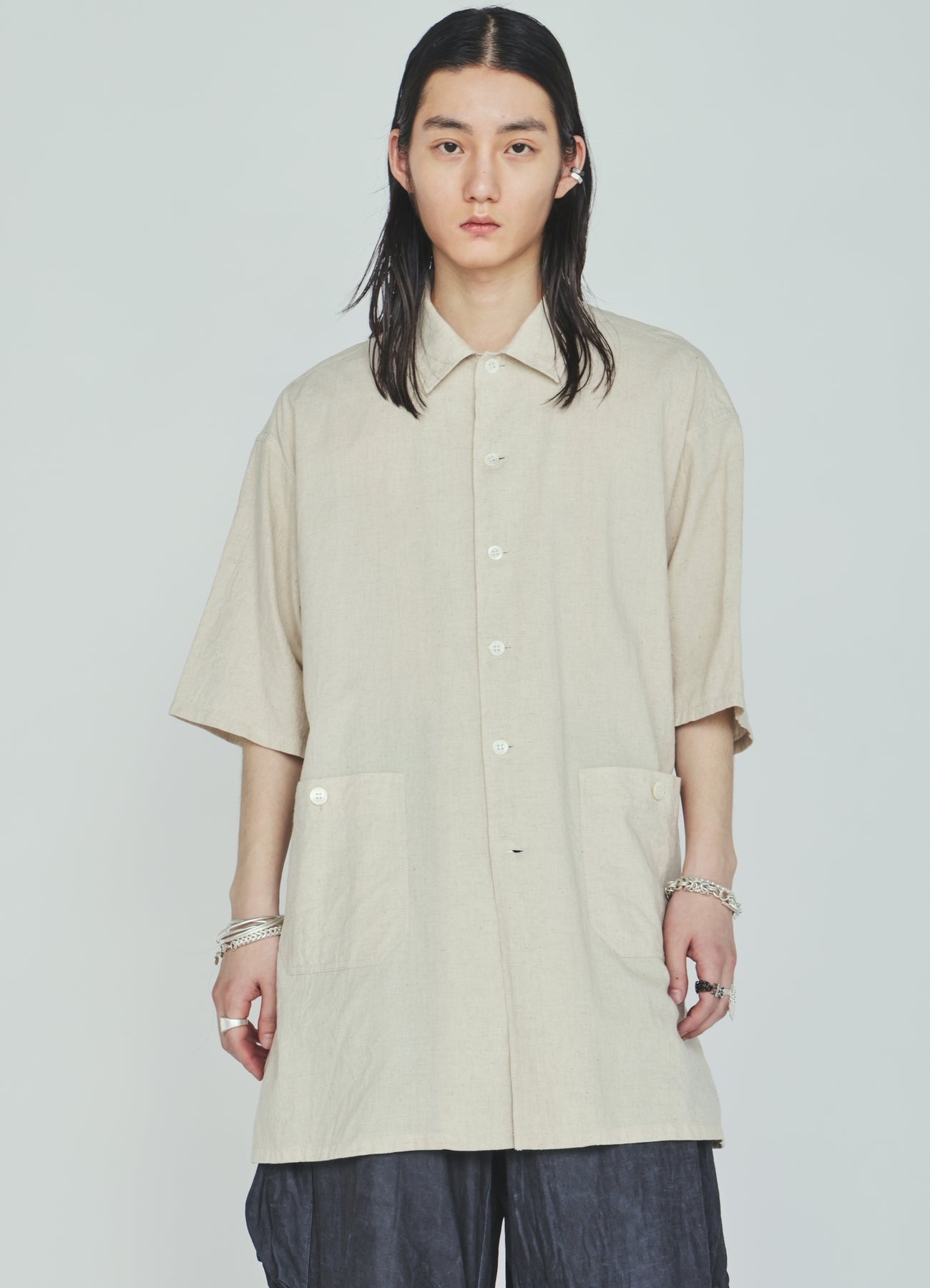 Cotton-Linen Poplin OPEN COLLAR SHORT-SLEEVE SHIRT