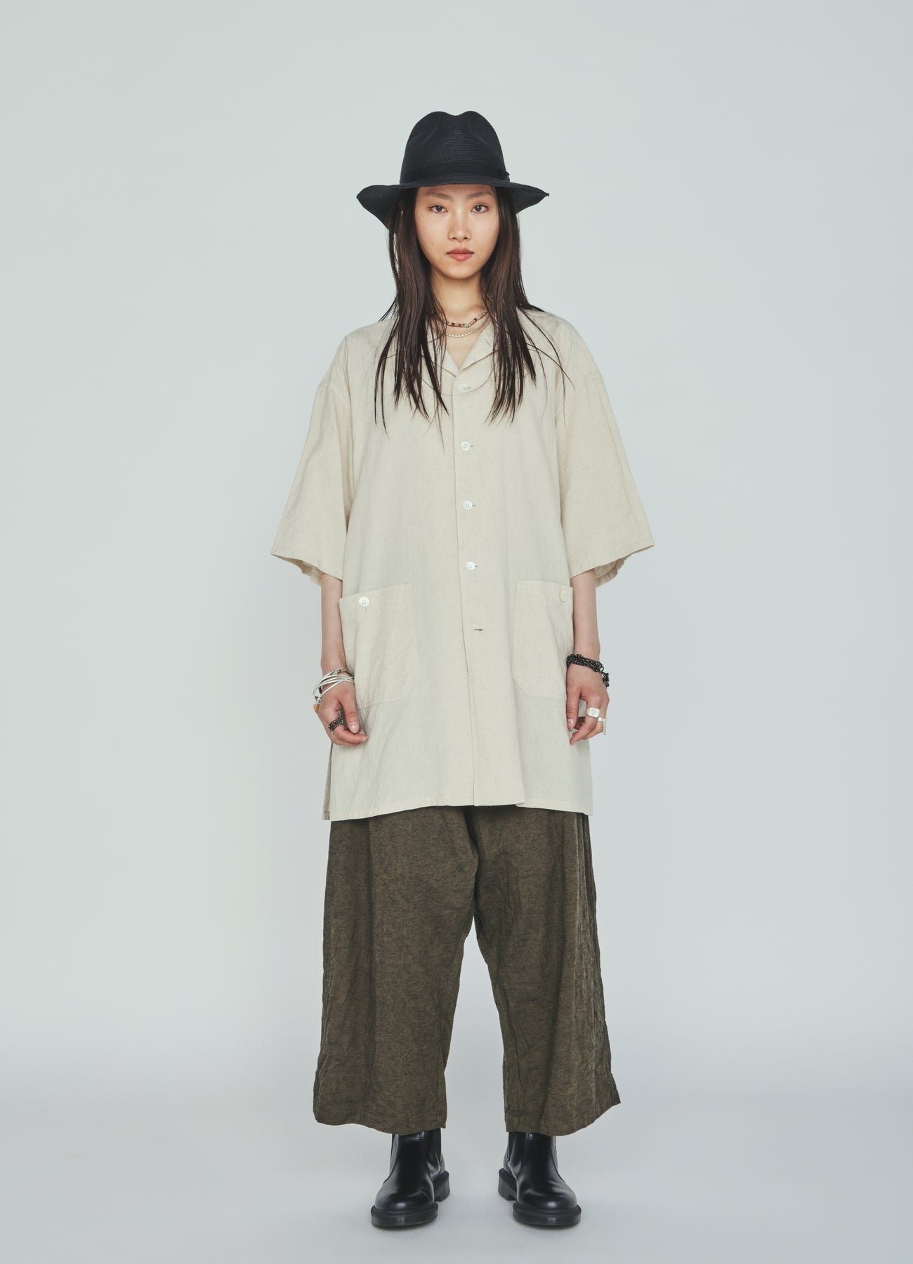Cotton-Linen Poplin OPEN COLLAR SHORT-SLEEVE SHIRT