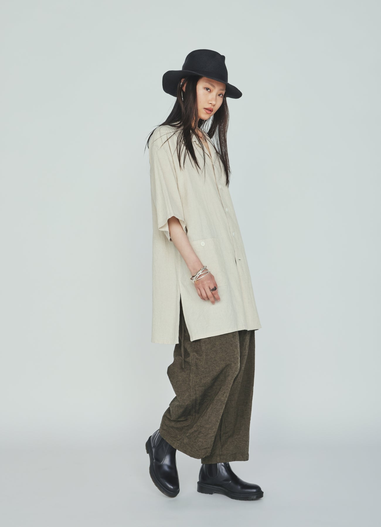 Cotton-Linen Poplin OPEN COLLAR SHORT-SLEEVE SHIRT