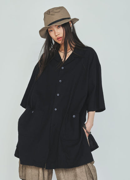 Cotton-Linen Poplin OPEN COLLAR SHORT-SLEEVE SHIRT