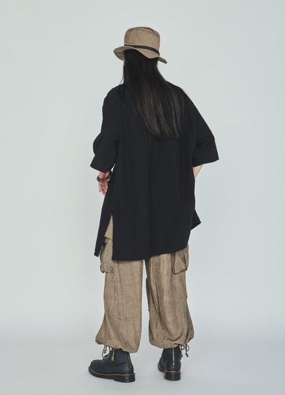 Cotton-Linen Poplin OPEN COLLAR SHORT-SLEEVE SHIRT