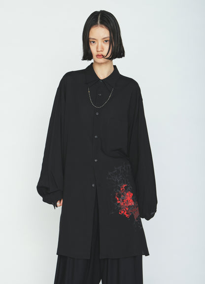 RAYON “Y” LETTER AND RED FLOWER PRINT LAYERED-COLLAR SHIRT