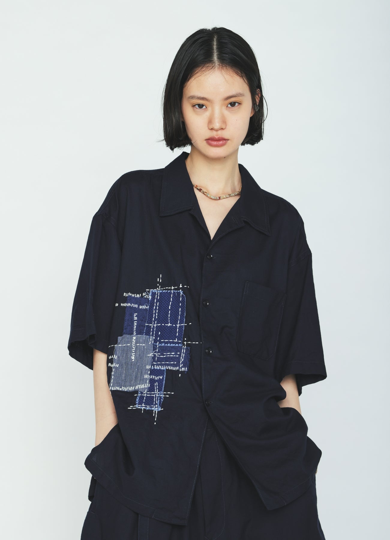 ORGANIC COTTON WASHER HALF SHIRT WITH  SASHIKO EMBROIDERY