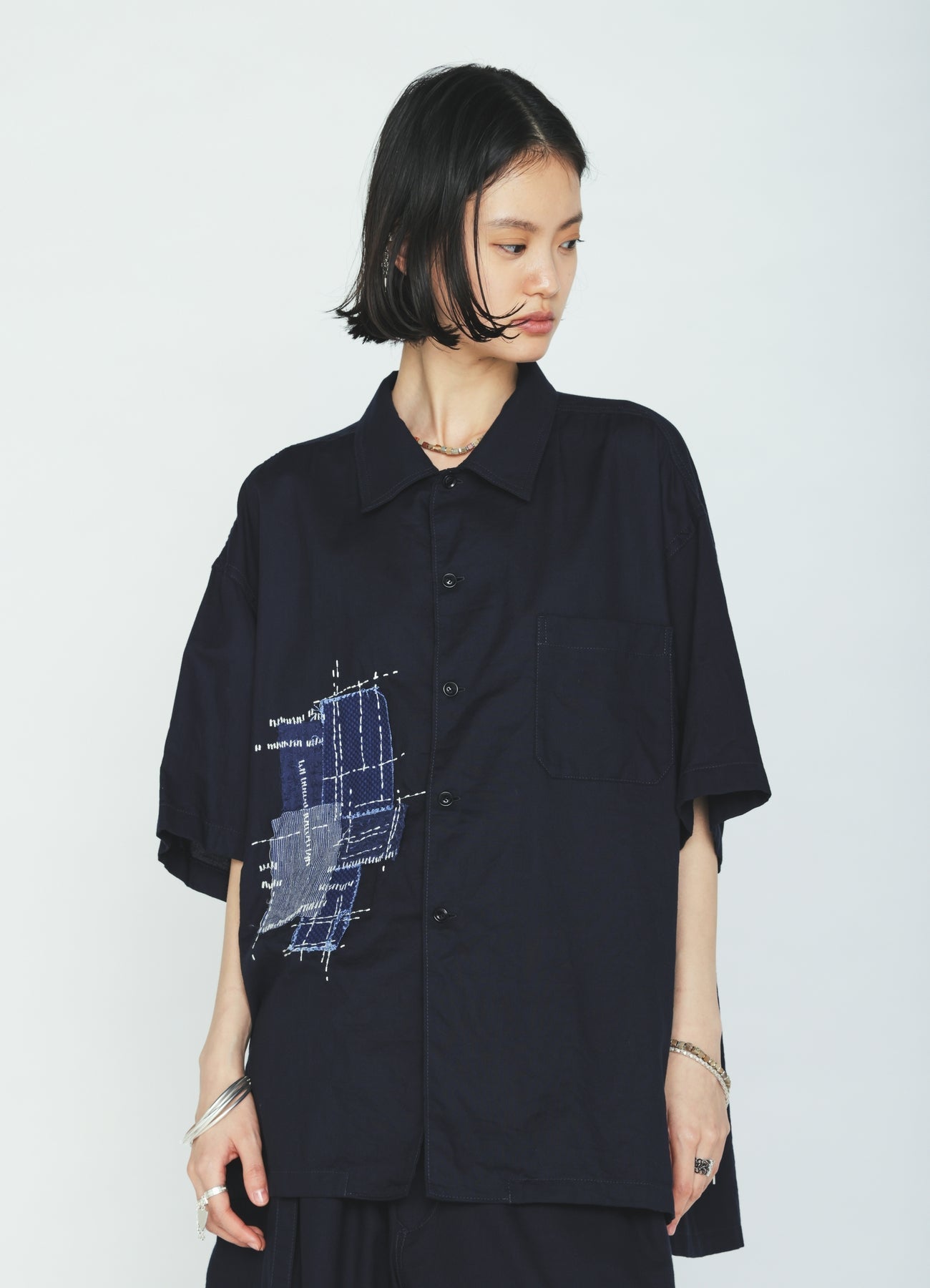 ORGANIC COTTON WASHER HALF SHIRT WITH  SASHIKO EMBROIDERY