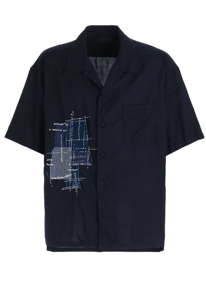ORGANIC COTTON WASHER HALF SHIRT WITH  SASHIKO EMBROIDERY