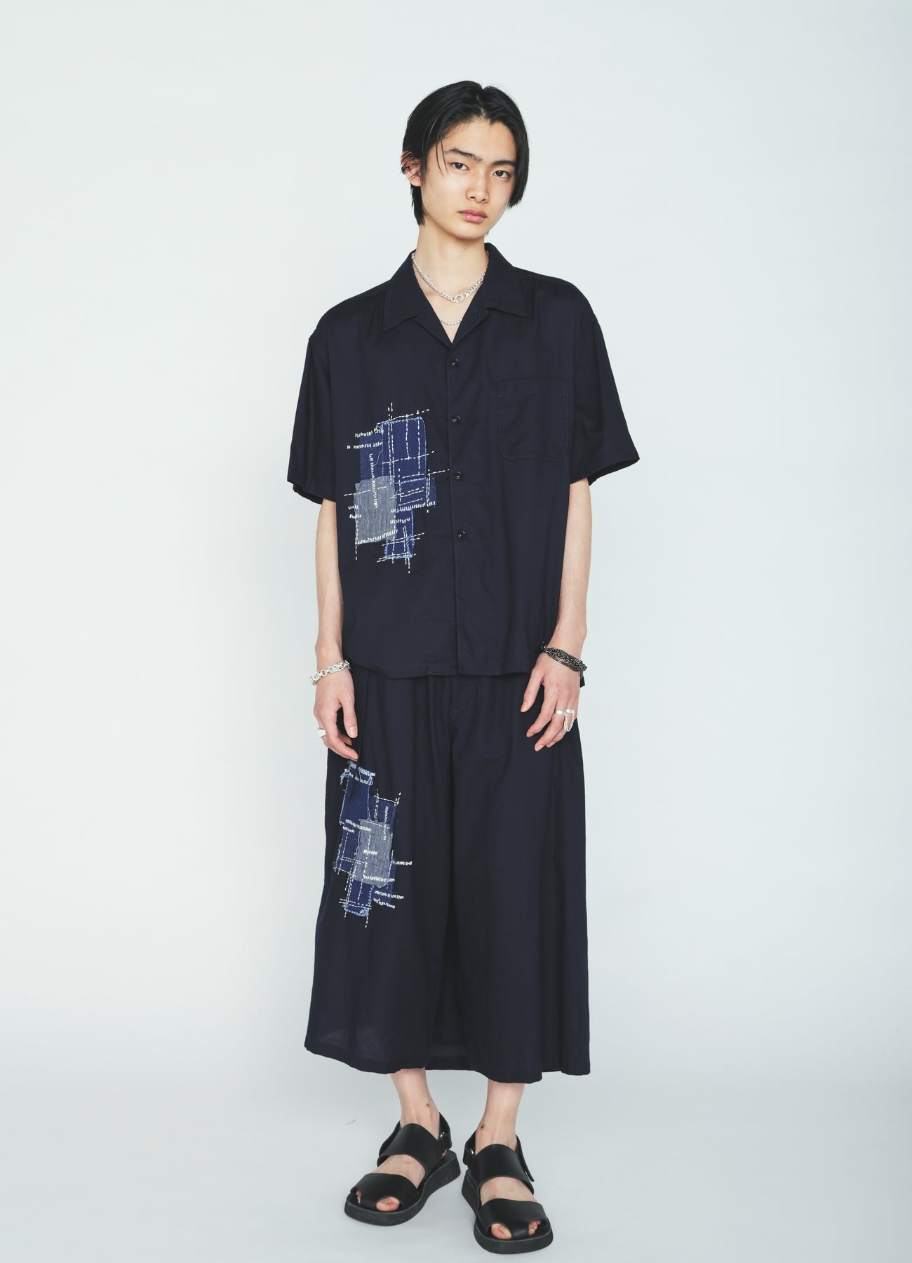 ORGANIC COTTON WASHER HALF SHIRT WITH  SASHIKO EMBROIDERY