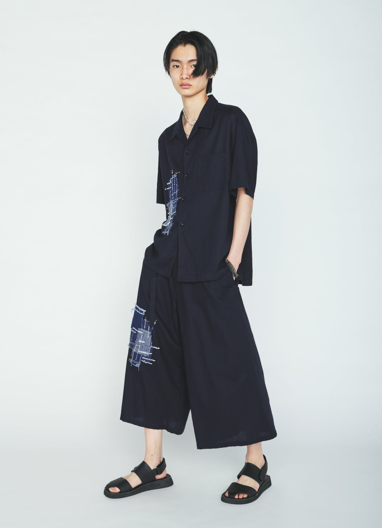 ORGANIC COTTON WASHER HALF SHIRT WITH  SASHIKO EMBROIDERY