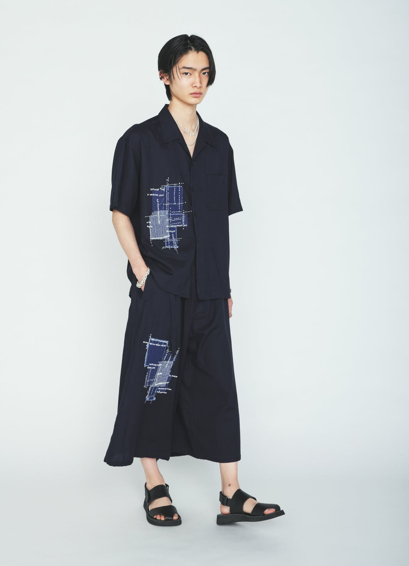 ORGANIC COTTON WASHER HALF SHIRT WITH  SASHIKO EMBROIDERY