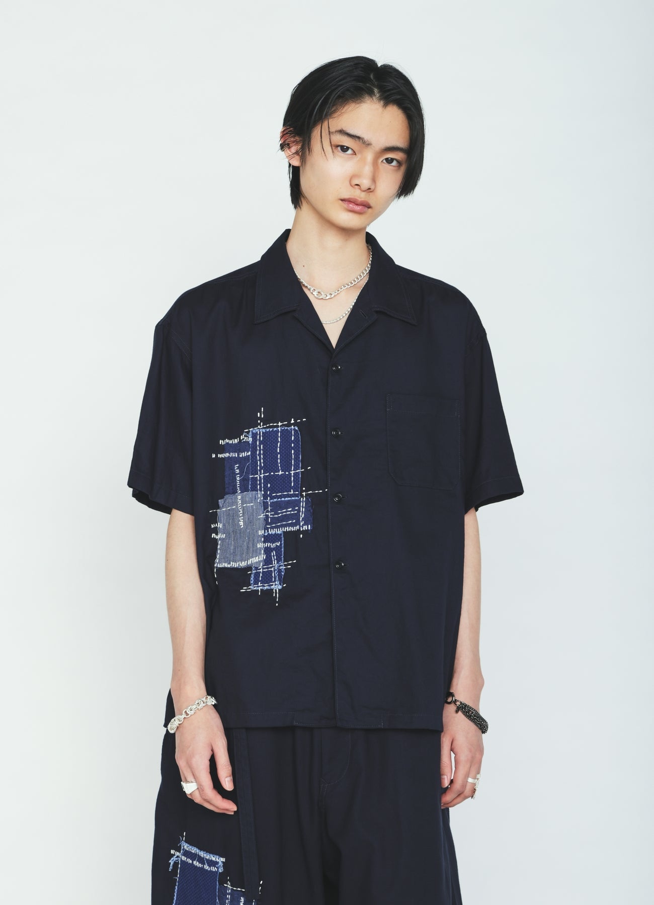 ORGANIC COTTON WASHER HALF SHIRT WITH  SASHIKO EMBROIDERY