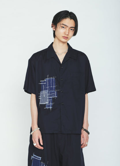 ORGANIC COTTON WASHER HALF SHIRT WITH  SASHIKO EMBROIDERY