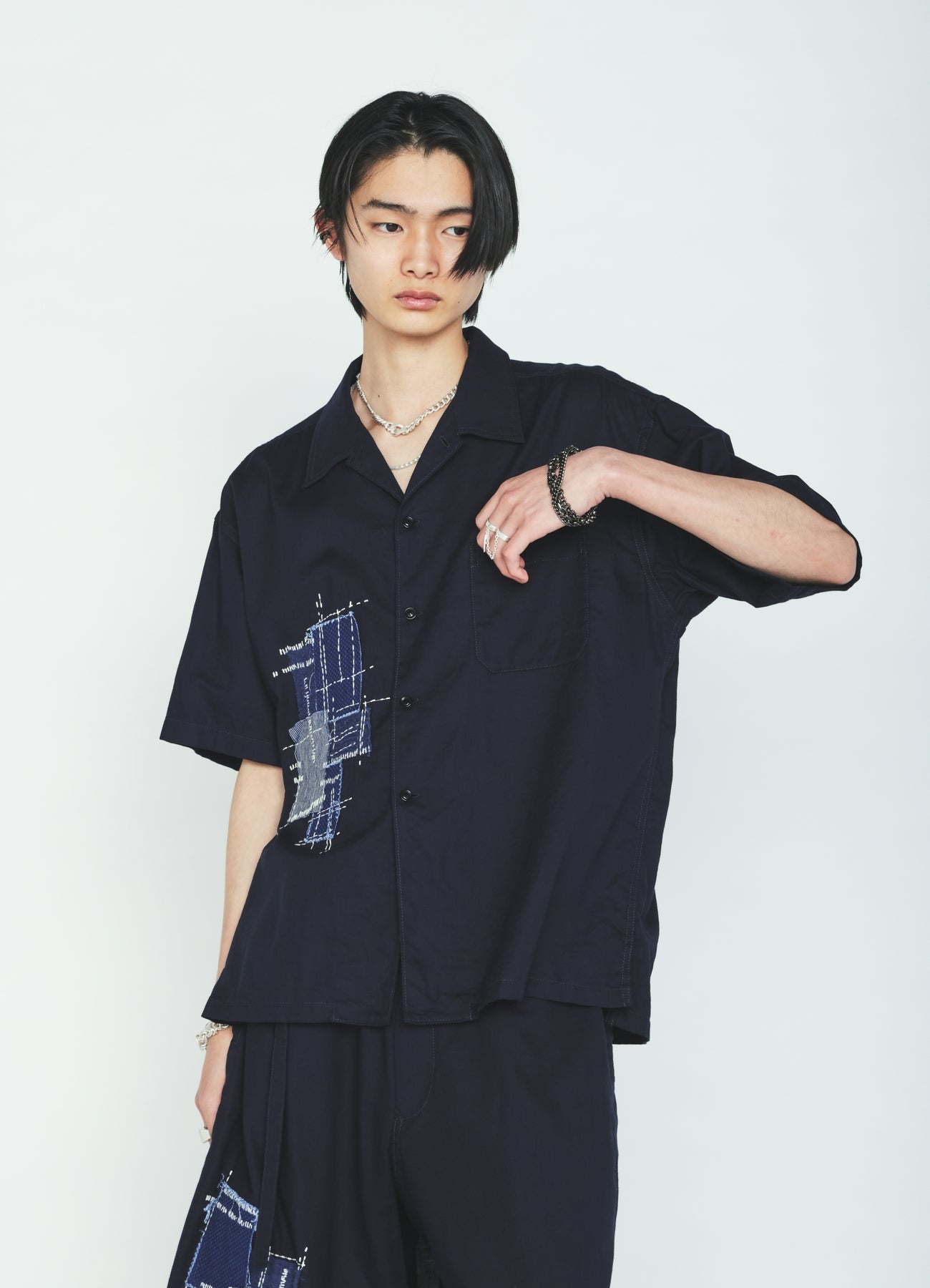 ORGANIC COTTON WASHER HALF SHIRT WITH  SASHIKO EMBROIDERY