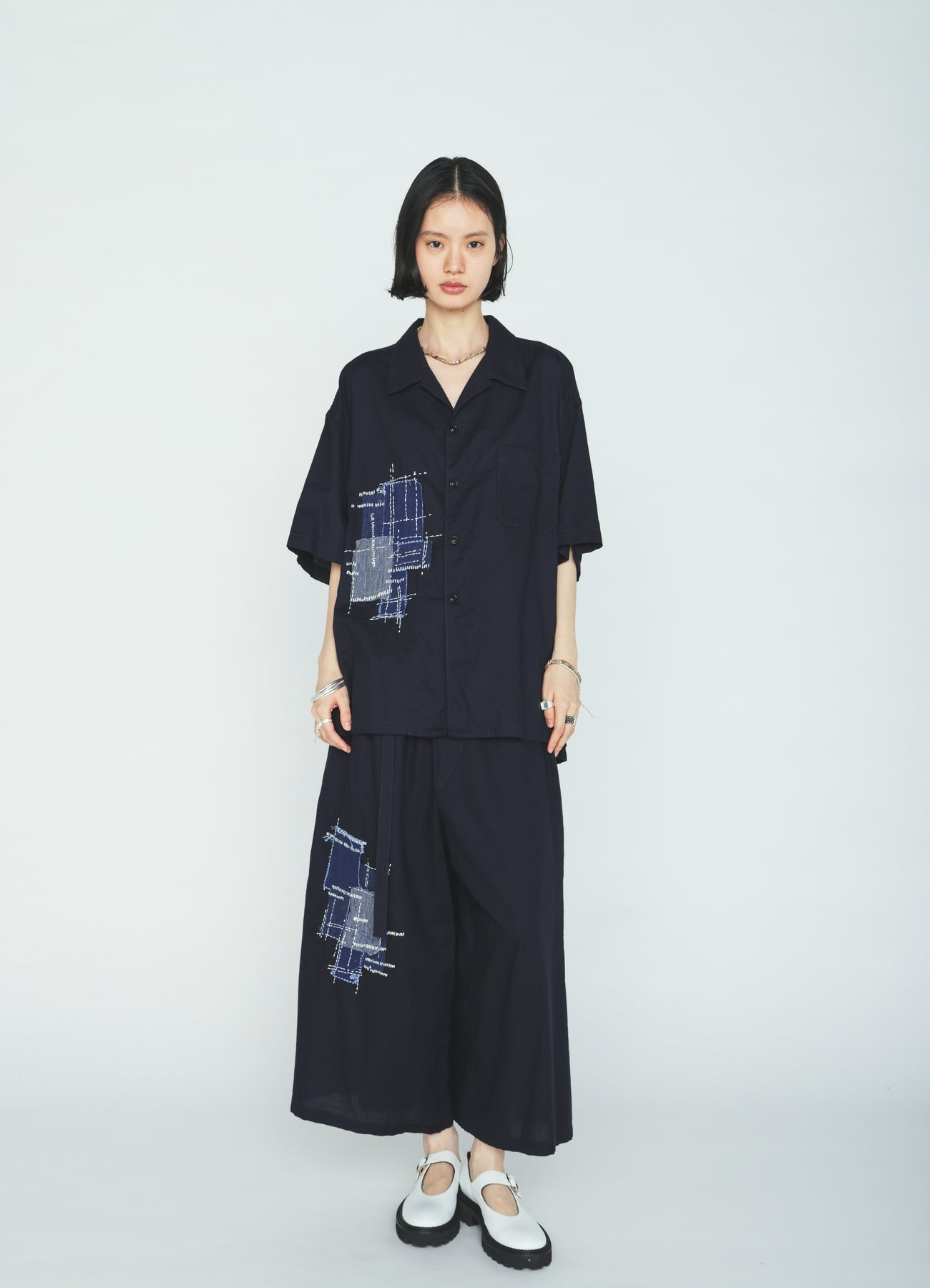 ORGANIC COTTON WASHER HALF SHIRT WITH  SASHIKO EMBROIDERY