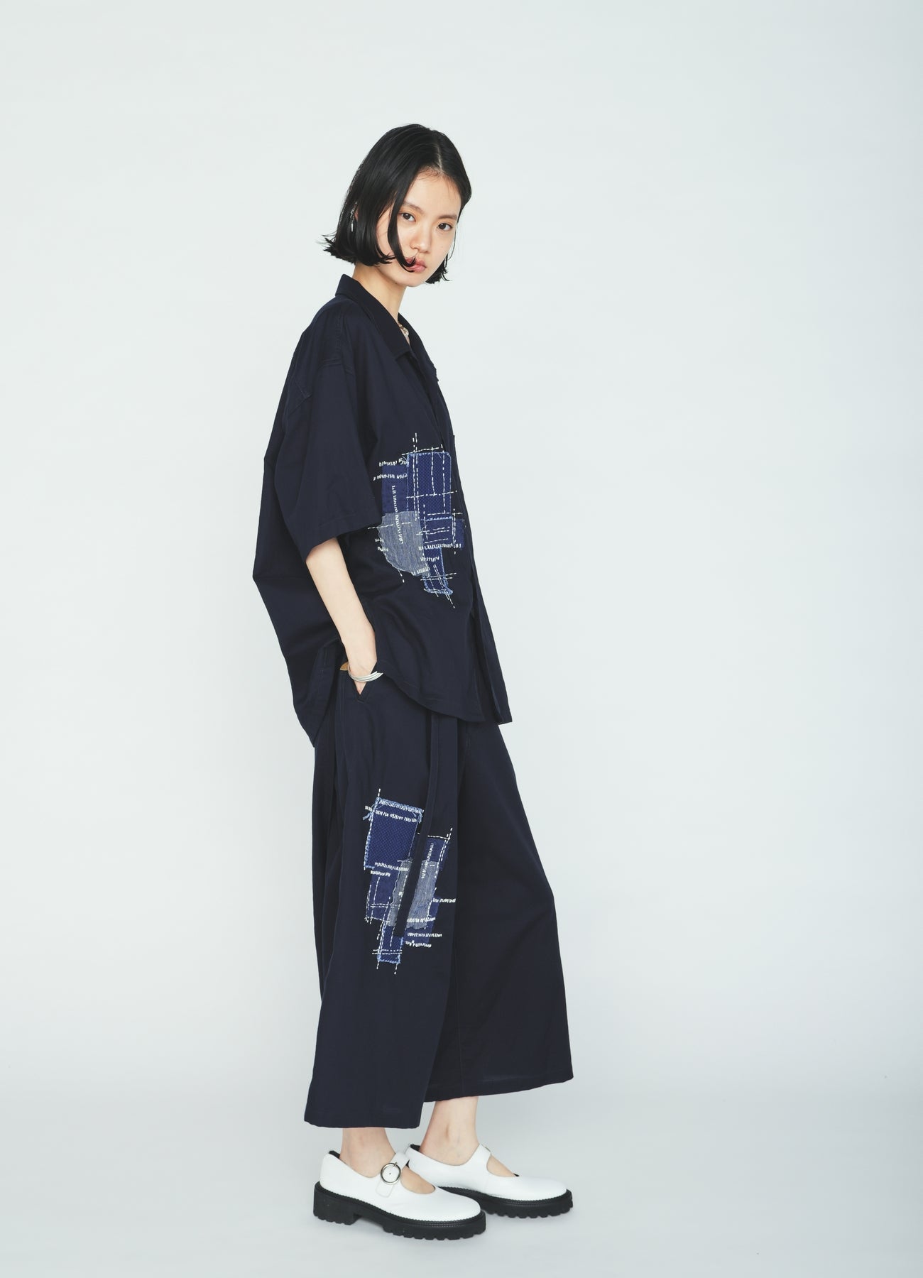 ORGANIC COTTON WASHER HALF SHIRT WITH  SASHIKO EMBROIDERY
