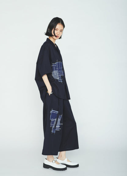 ORGANIC COTTON WASHER HALF SHIRT WITH  SASHIKO EMBROIDERY
