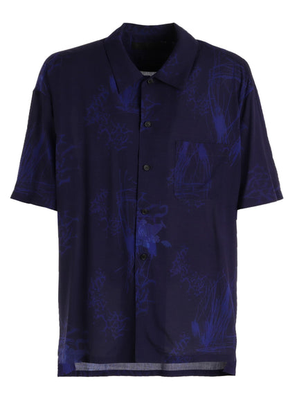 RAYON “Y” LETTER AND INDIAN MOTIF PRINT OPEN COLLAR SHIRT