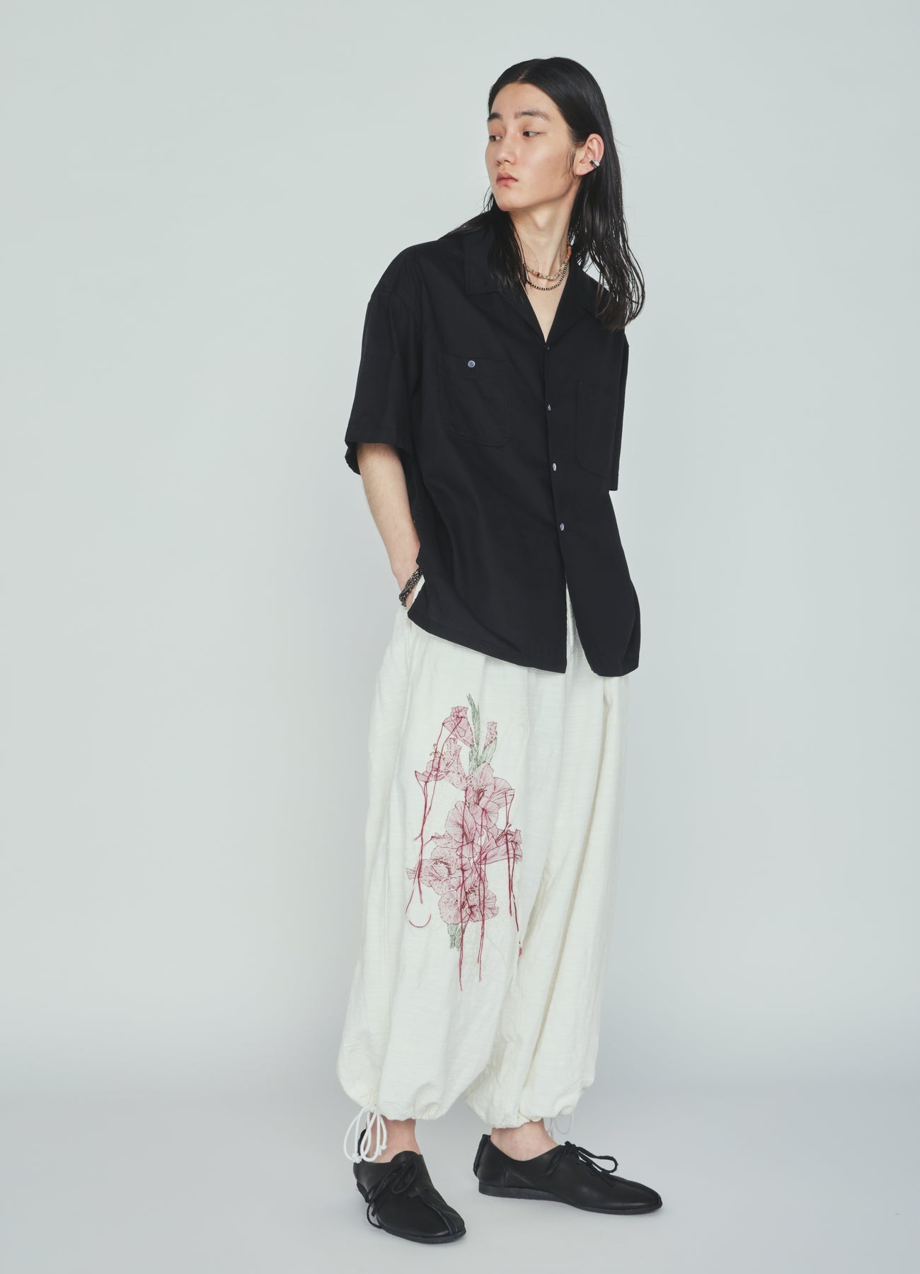 COTTON TWILL OPEN COLLAR SHORT-SLEEVE SHIRT