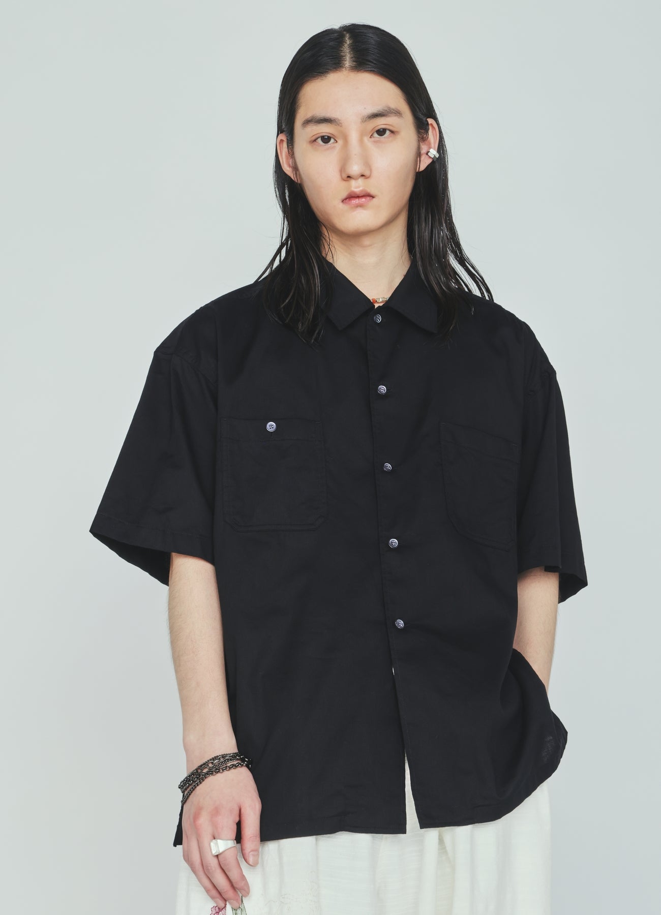 COTTON TWILL OPEN COLLAR SHORT-SLEEVE SHIRT