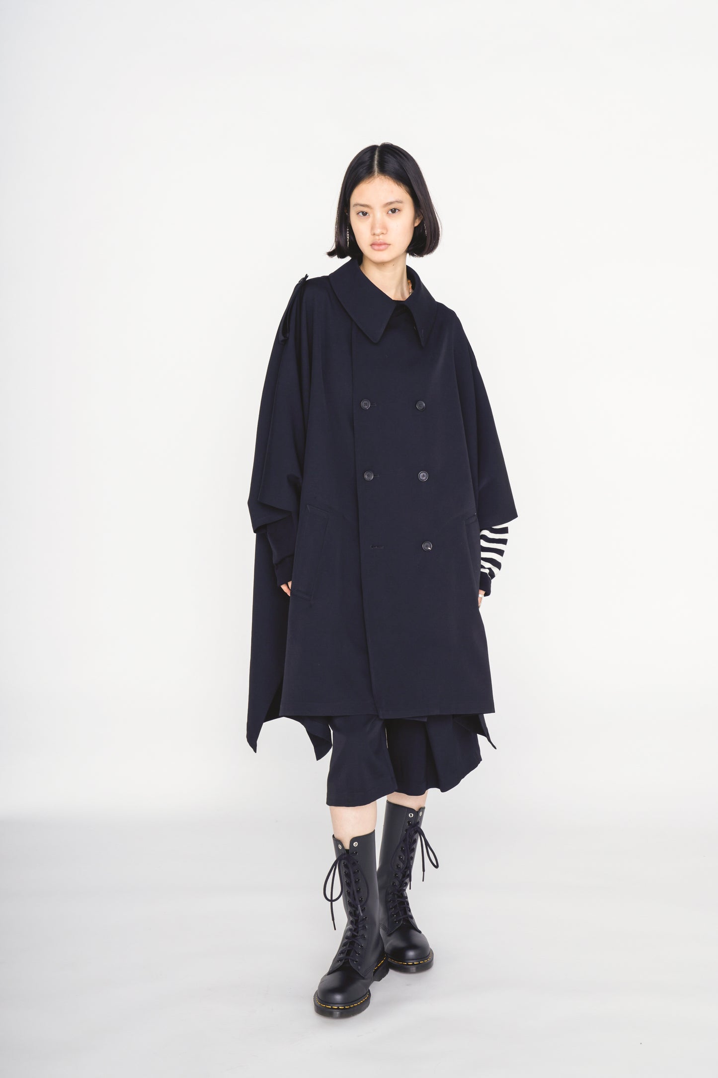 WASHER WOOL GABARDINE EPAULETTE DOUBLE-BREASTED PONCHO