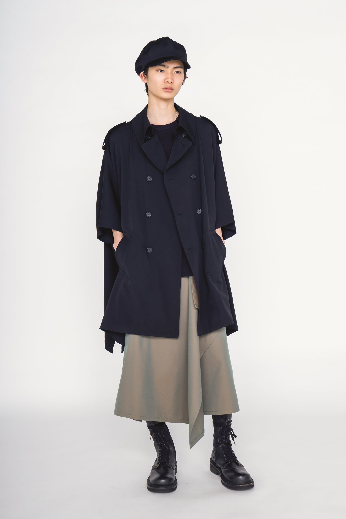 WASHER WOOL GABARDINE EPAULETTE DOUBLE-BREASTED PONCHO