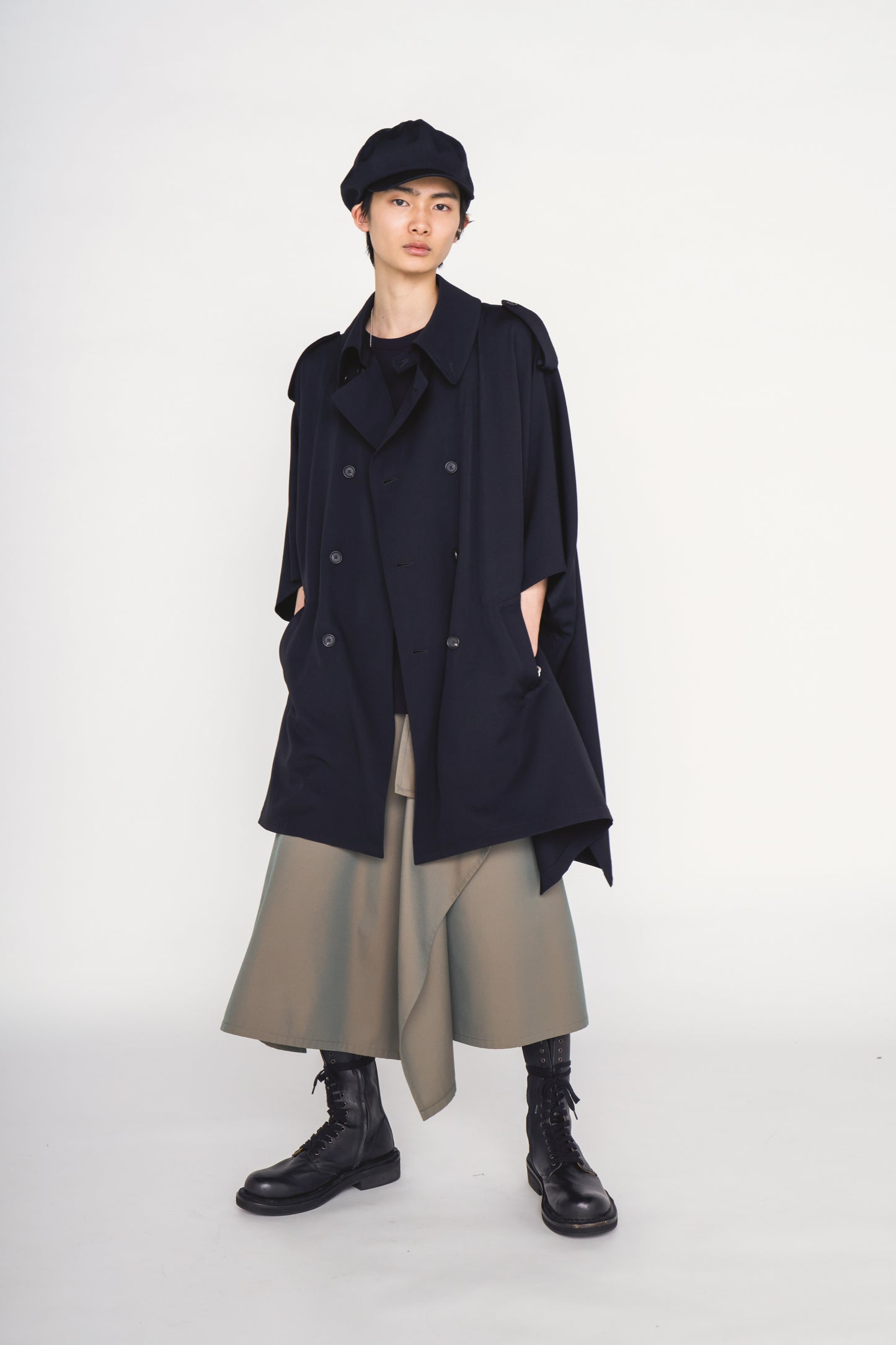 WASHER WOOL GABARDINE EPAULETTE DOUBLE-BREASTED PONCHO