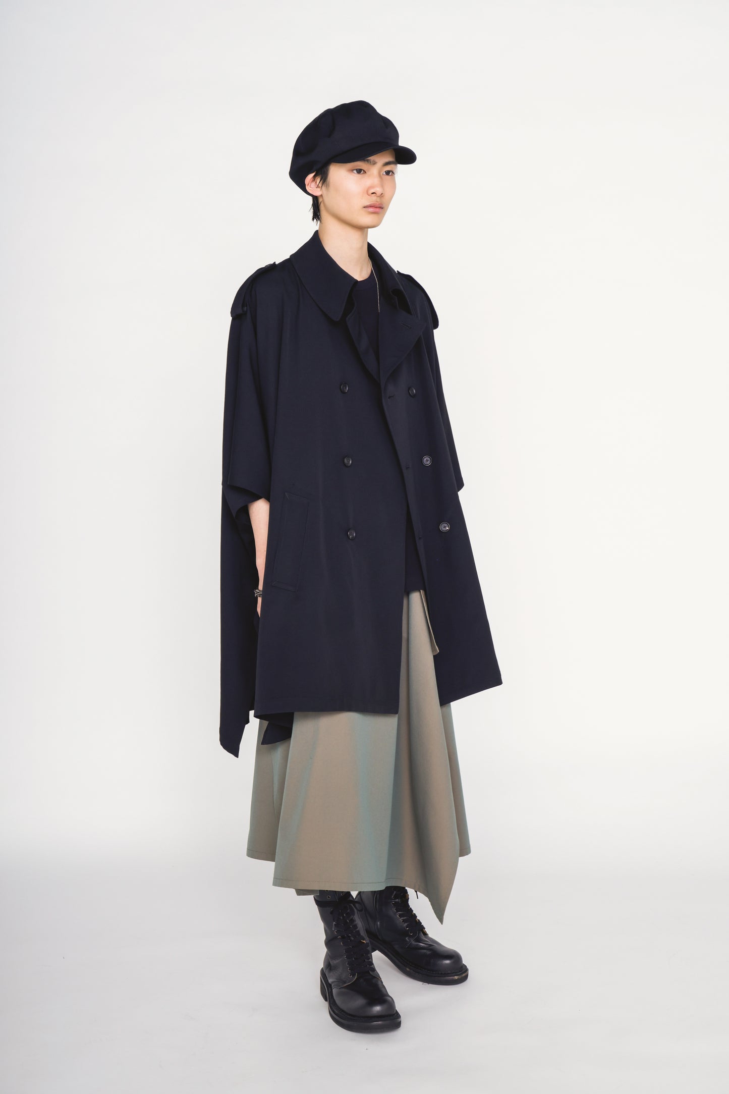 WASHER WOOL GABARDINE EPAULETTE DOUBLE-BREASTED PONCHO