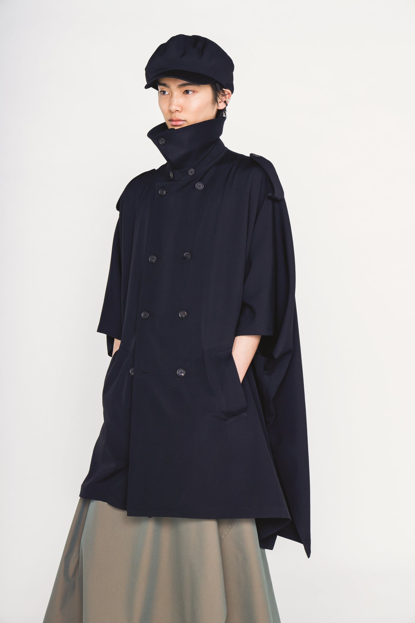 WASHER WOOL GABARDINE EPAULETTE DOUBLE-BREASTED PONCHO