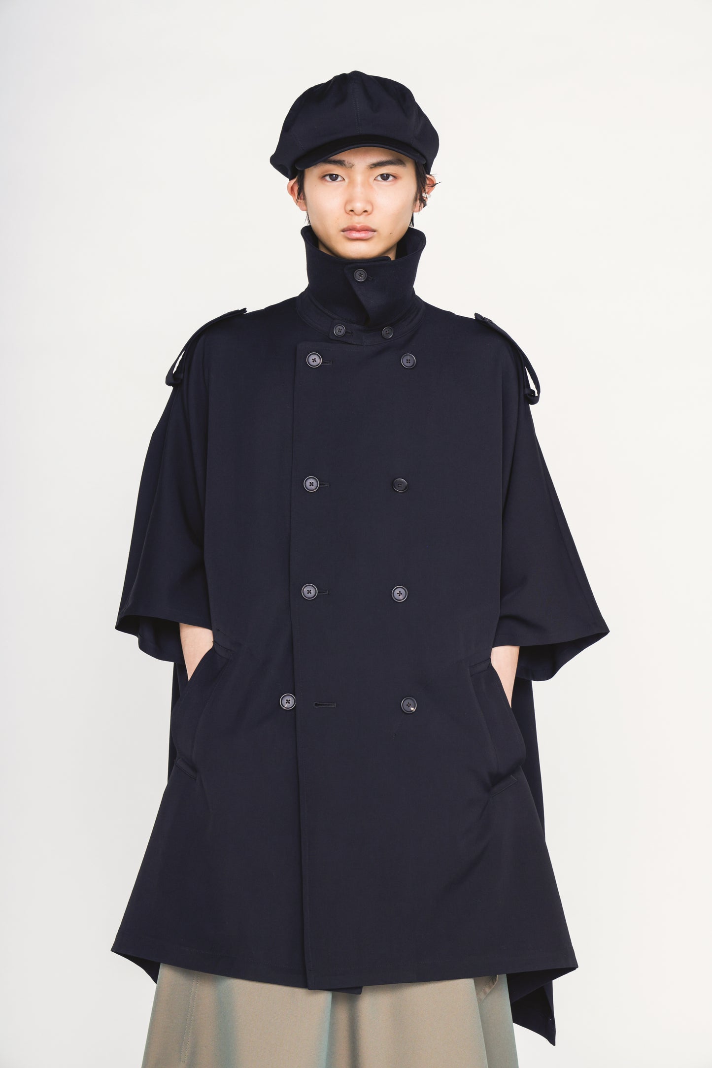 WASHER WOOL GABARDINE EPAULETTE DOUBLE-BREASTED PONCHO