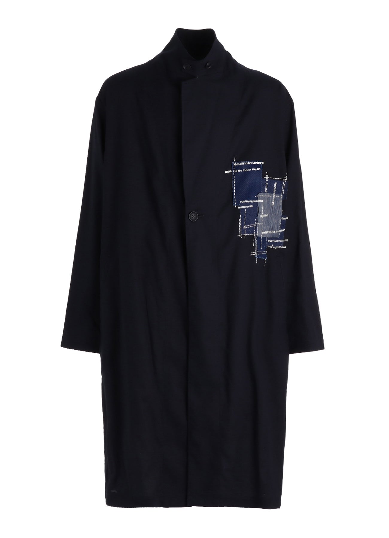 ORGANIC COTTON WASHER ONE-BUTTON LONG COAT WITH  SASHIKO EMBROIDERY