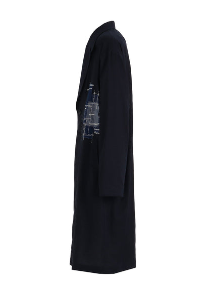 ORGANIC COTTON WASHER ONE-BUTTON LONG COAT WITH  SASHIKO EMBROIDERY