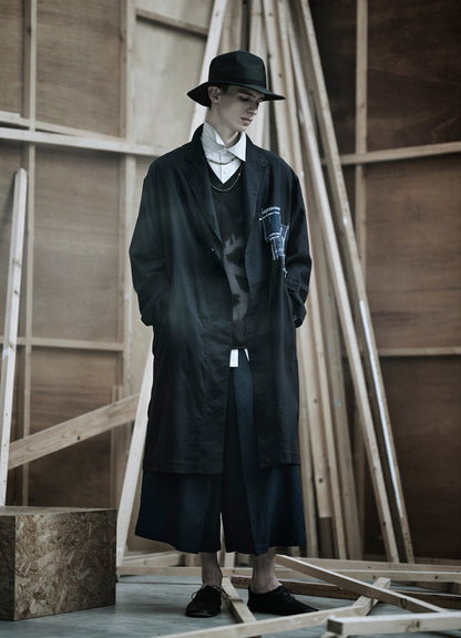 ORGANIC COTTON WASHER ONE-BUTTON LONG COAT WITH  SASHIKO EMBROIDERY