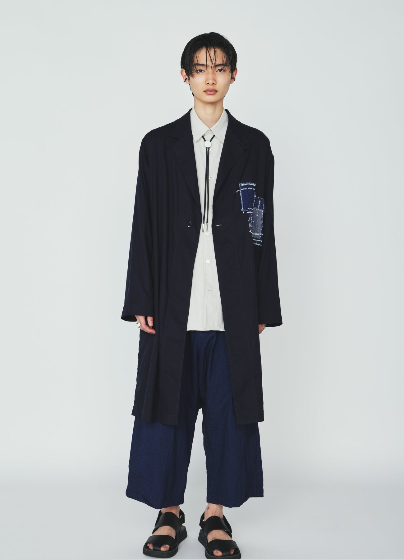 ORGANIC COTTON WASHER ONE-BUTTON LONG COAT WITH  SASHIKO EMBROIDERY