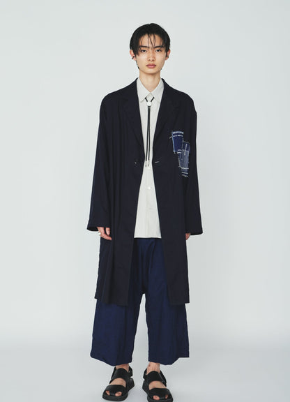 ORGANIC COTTON WASHER ONE-BUTTON LONG COAT WITH  SASHIKO EMBROIDERY