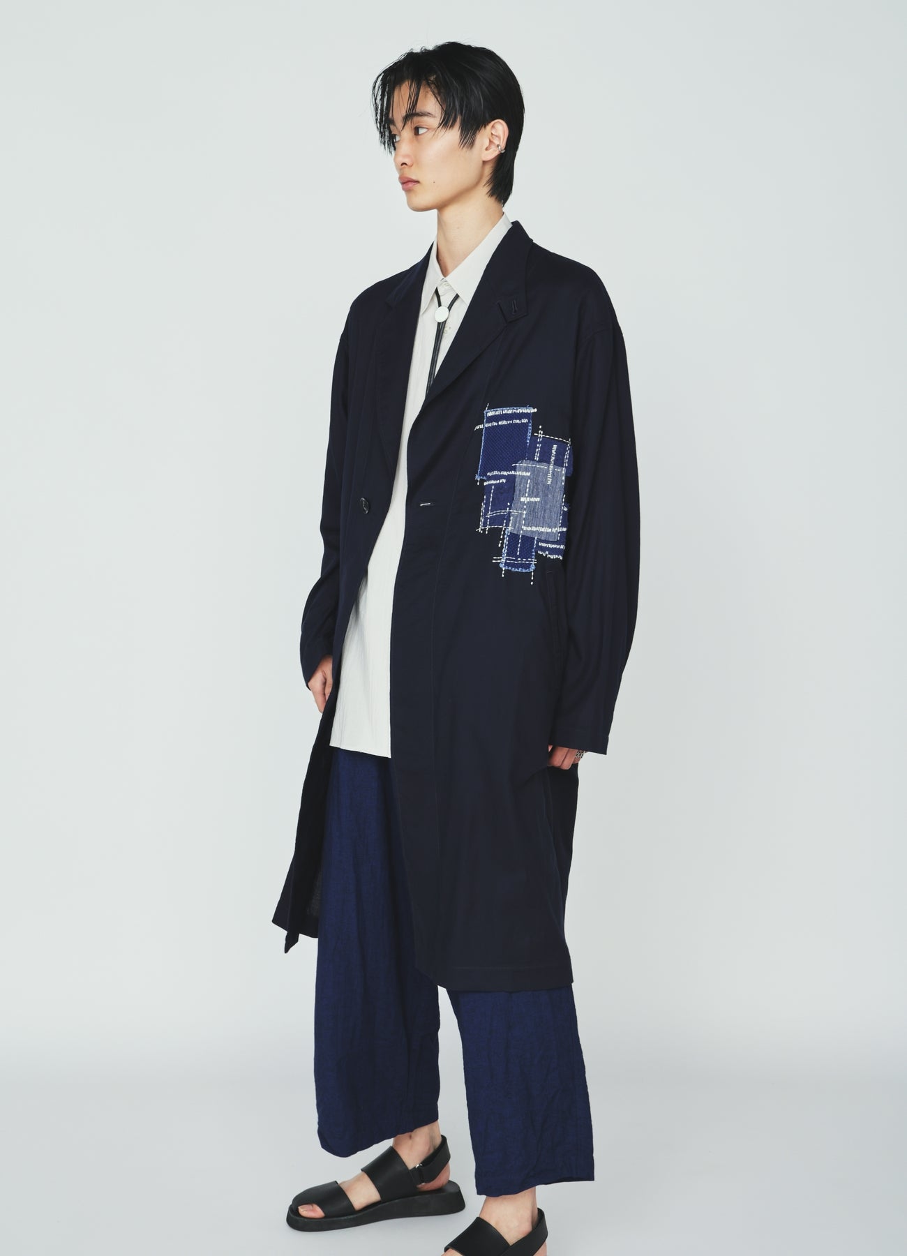 ORGANIC COTTON WASHER ONE-BUTTON LONG COAT WITH  SASHIKO EMBROIDERY