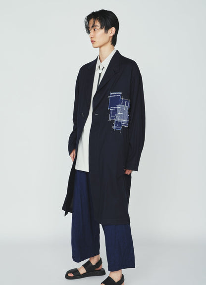 ORGANIC COTTON WASHER ONE-BUTTON LONG COAT WITH  SASHIKO EMBROIDERY