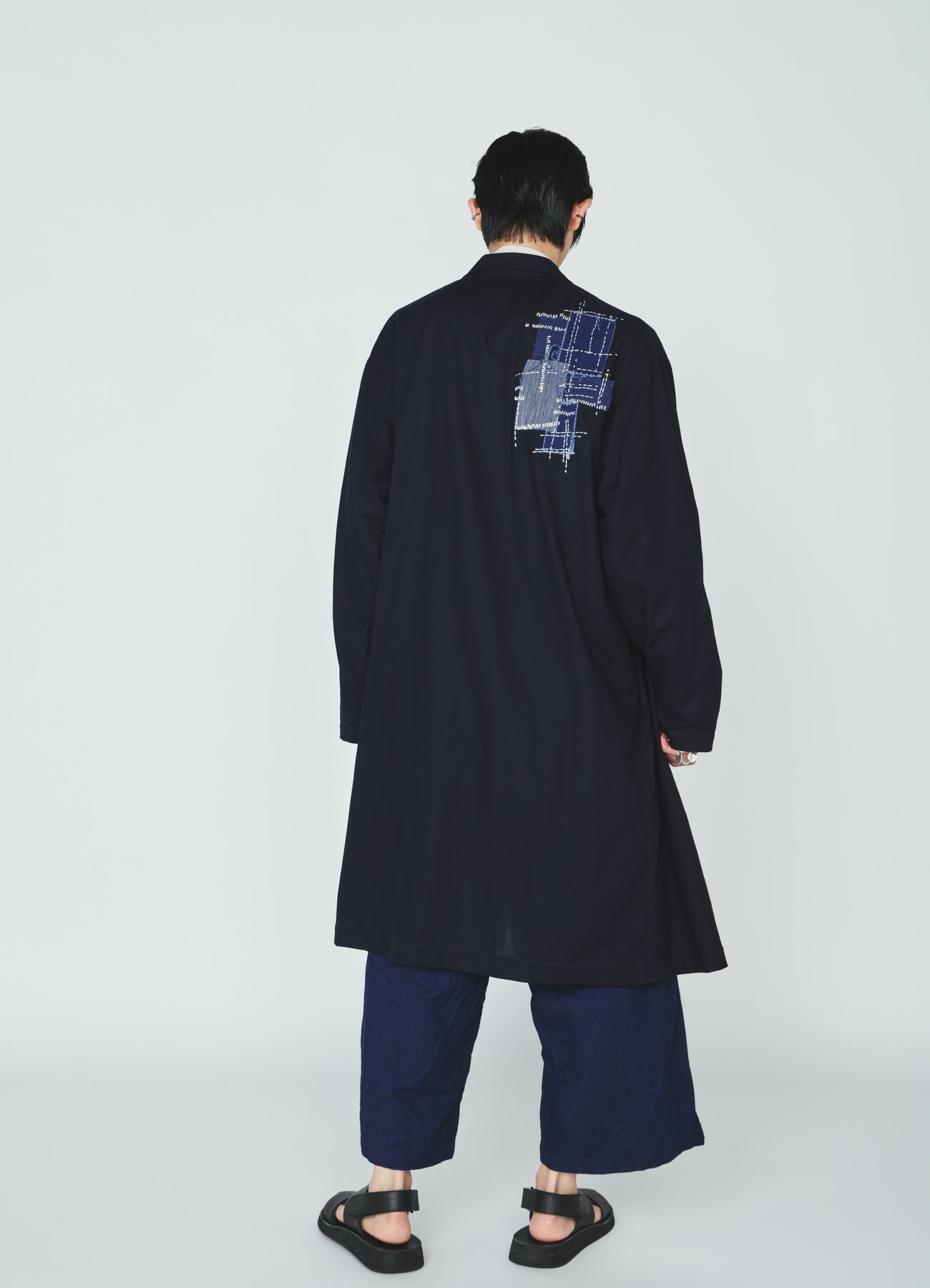 ORGANIC COTTON WASHER ONE-BUTTON LONG COAT WITH  SASHIKO EMBROIDERY