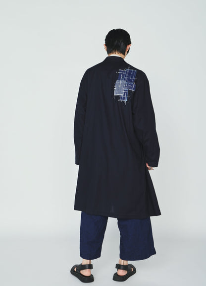 ORGANIC COTTON WASHER ONE-BUTTON LONG COAT WITH  SASHIKO EMBROIDERY