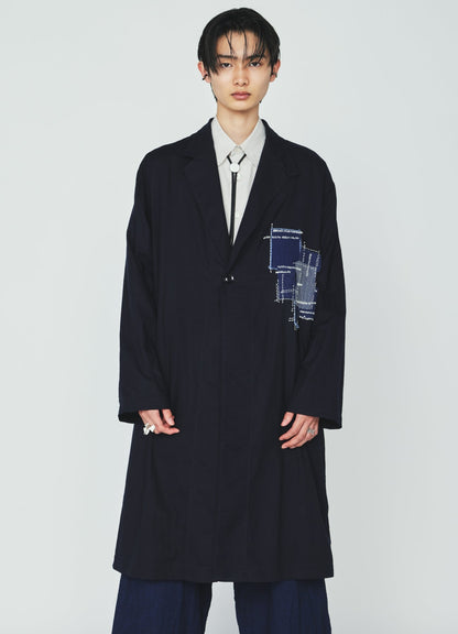 ORGANIC COTTON WASHER ONE-BUTTON LONG COAT WITH  SASHIKO EMBROIDERY