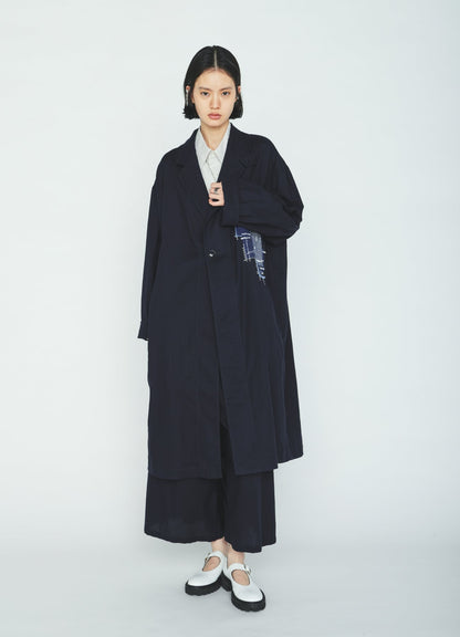 ORGANIC COTTON WASHER ONE-BUTTON LONG COAT WITH  SASHIKO EMBROIDERY