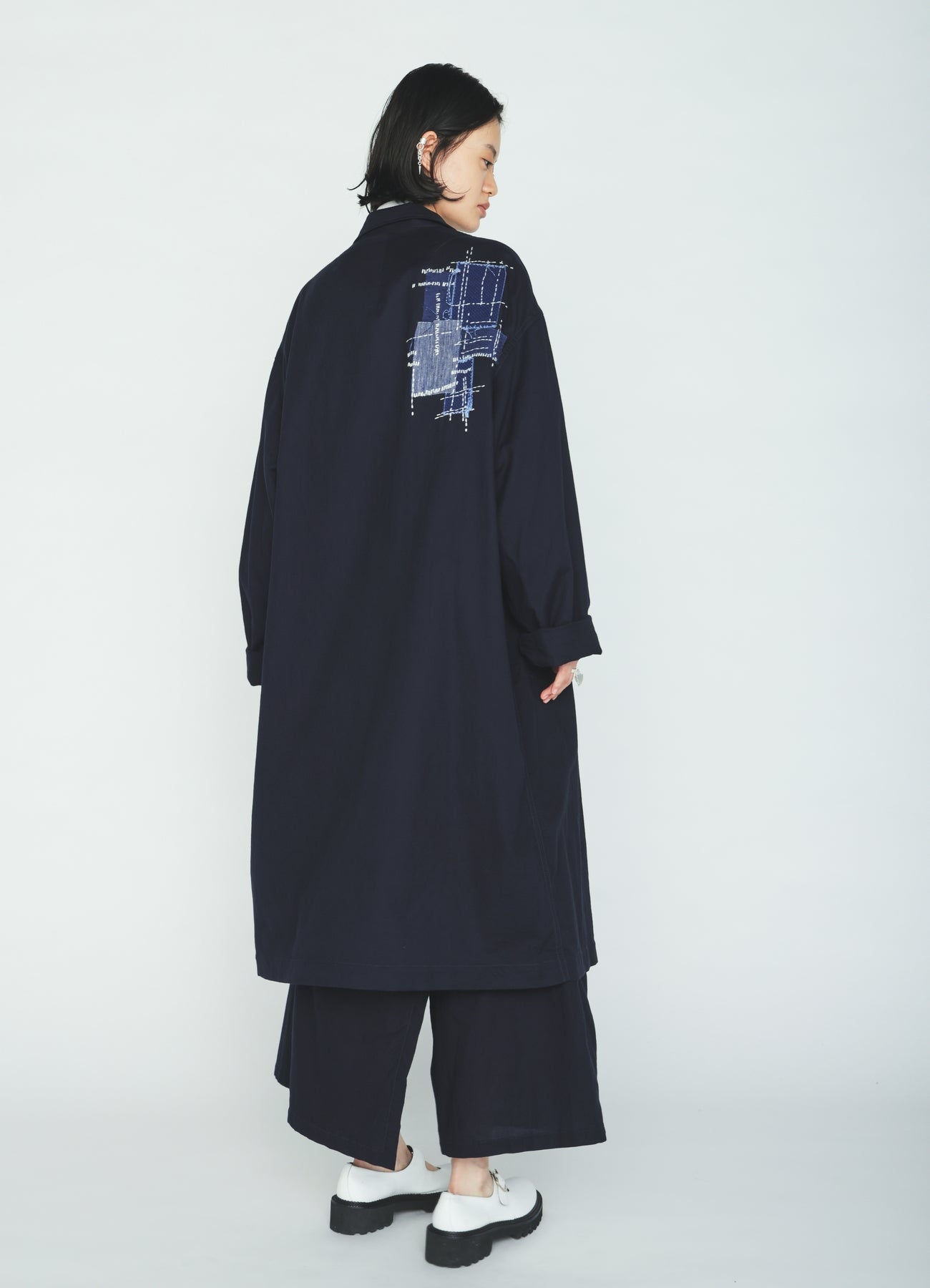 ORGANIC COTTON WASHER ONE-BUTTON LONG COAT WITH  SASHIKO EMBROIDERY