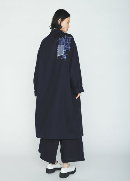 ORGANIC COTTON WASHER ONE-BUTTON LONG COAT WITH  SASHIKO EMBROIDERY