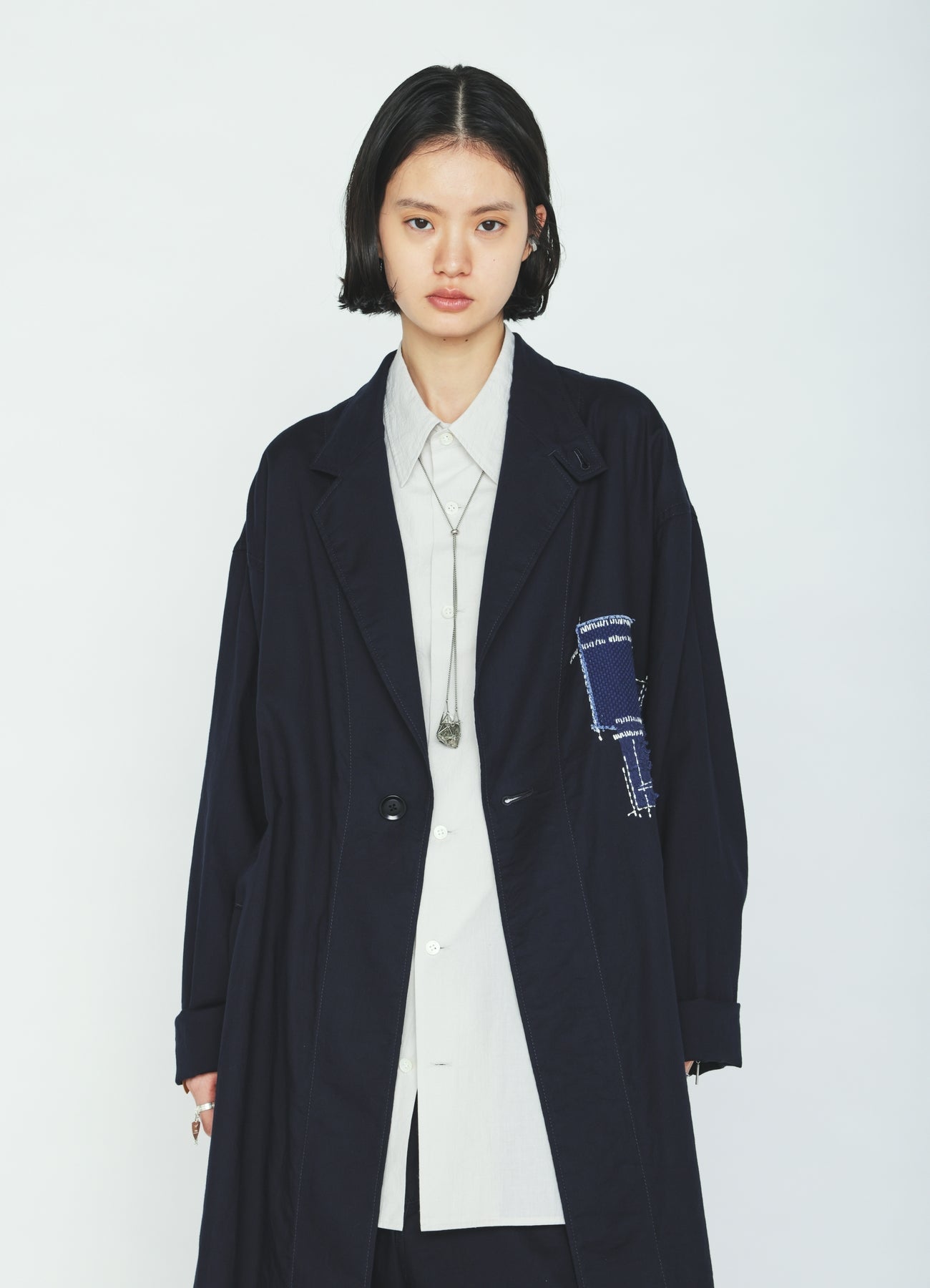 ORGANIC COTTON WASHER ONE-BUTTON LONG COAT WITH  SASHIKO EMBROIDERY